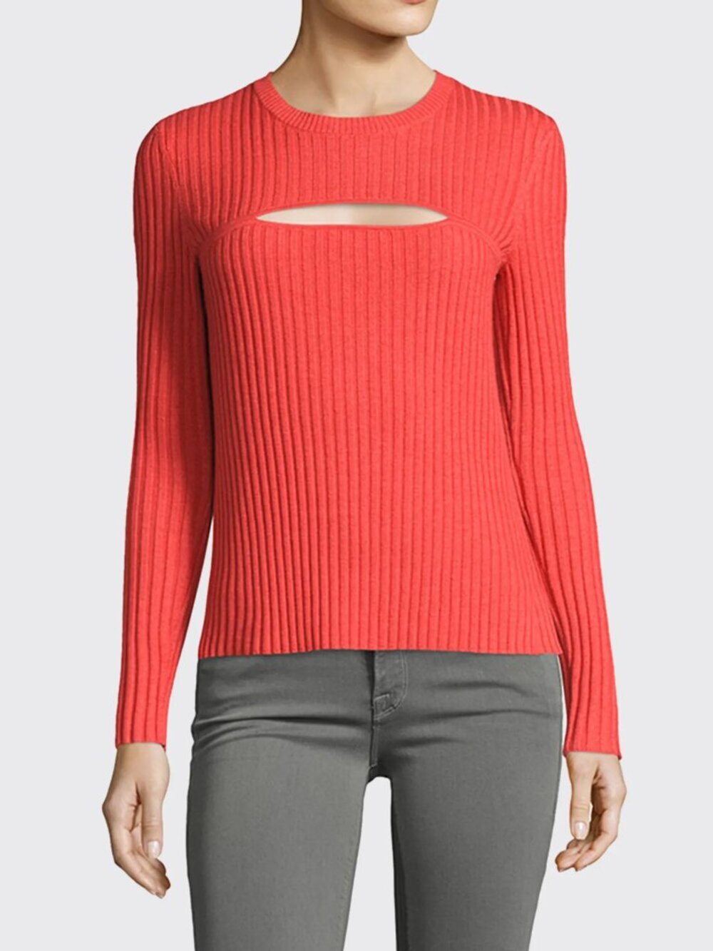FRAME Tomato Red Merino Wool Blend Ribbed Knit Cut Out Overlap Sweater, Size XS